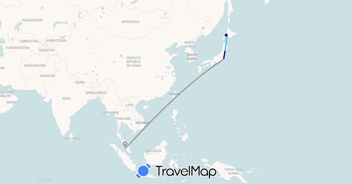 TravelMap itinerary: driving, plane, boat in Japan, Malaysia (Asia)